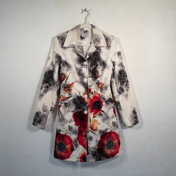 Alberto Makali Multicolor Floral Print Button Front Long Blazer Coat Size 6 - Picture 1 of 14